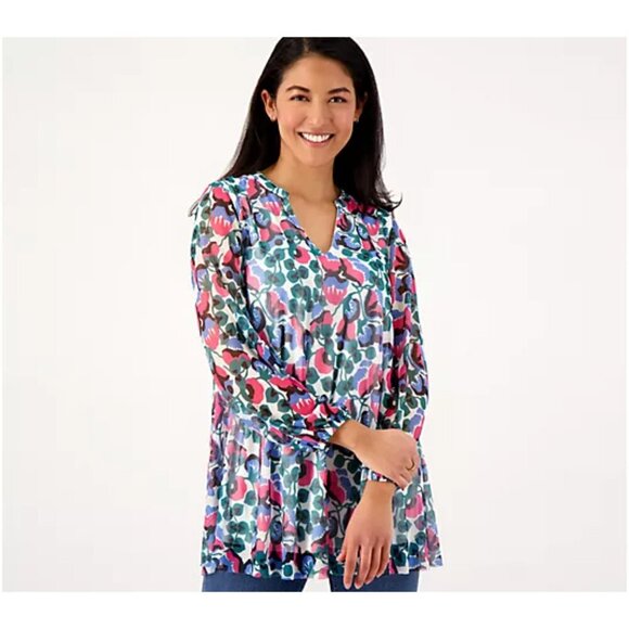 Girl With Curves Multi Floral Y-Neck Knit Mesh Blouse Size M - Picture 1 of 6